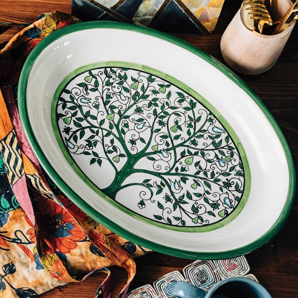 Tree of Life Ceramic Oval Serving Platter | Hand-Decorated Tableware | Large Sharing Plate