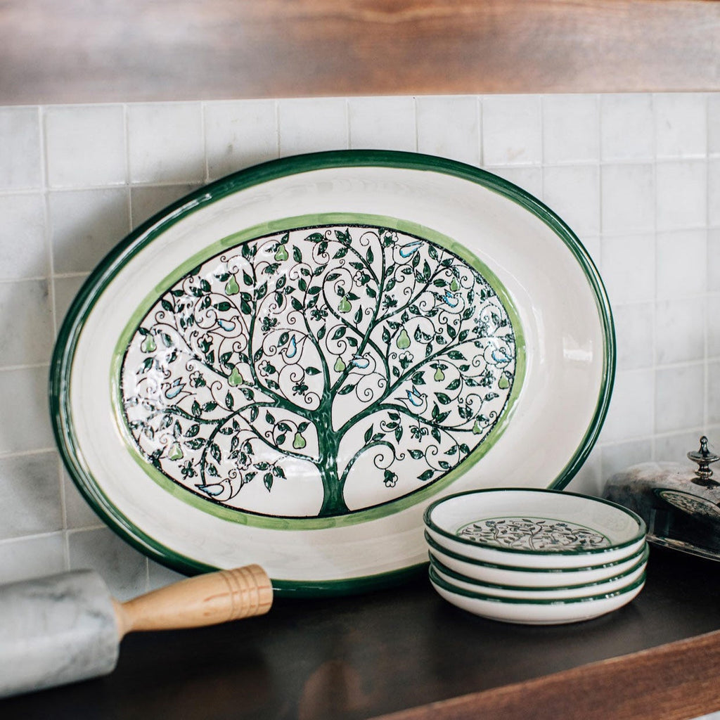 Tree of Life Ceramic Oval Serving Platter | Hand-Decorated Tableware | Large Sharing Plate