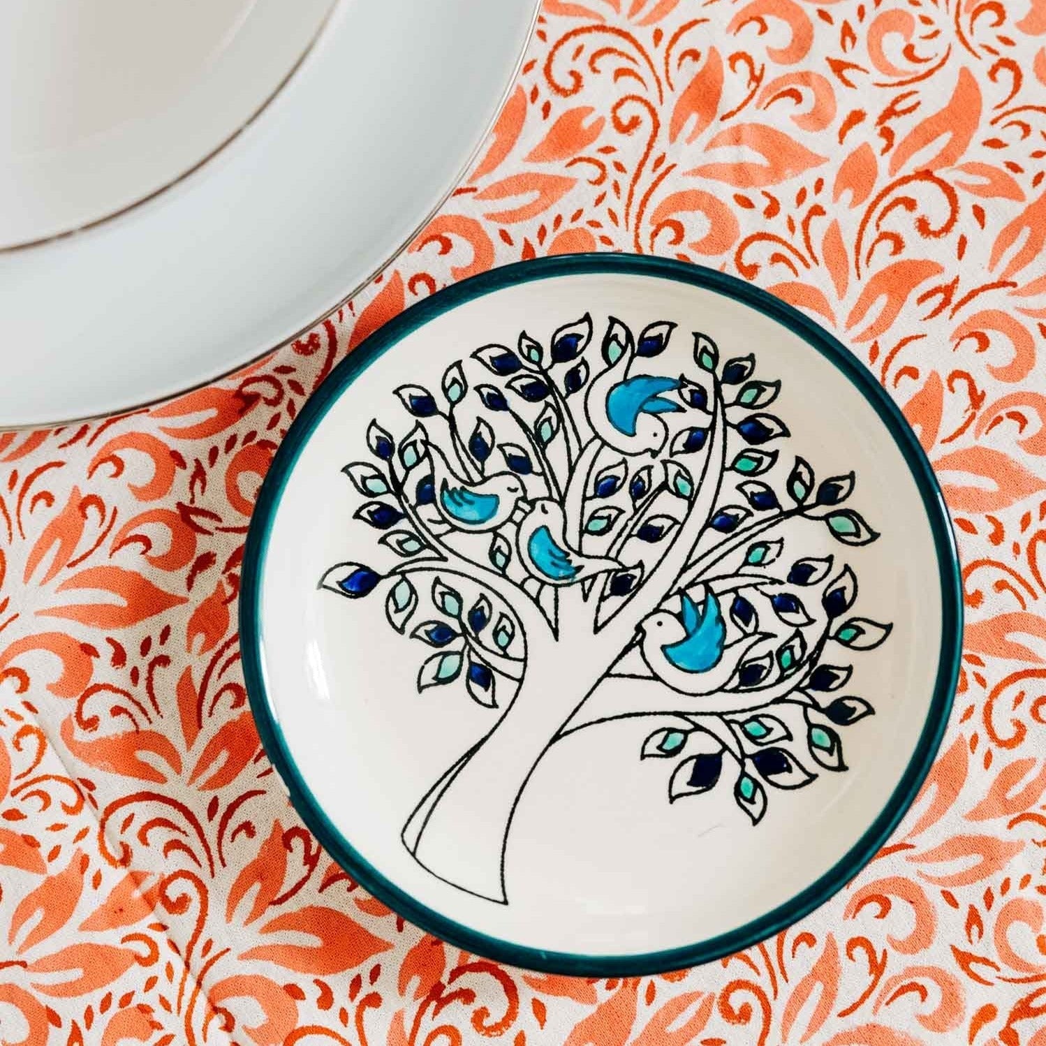 Tree Motif Ceramic Sharing Dish | Hand-Decorated Small Serving Plate