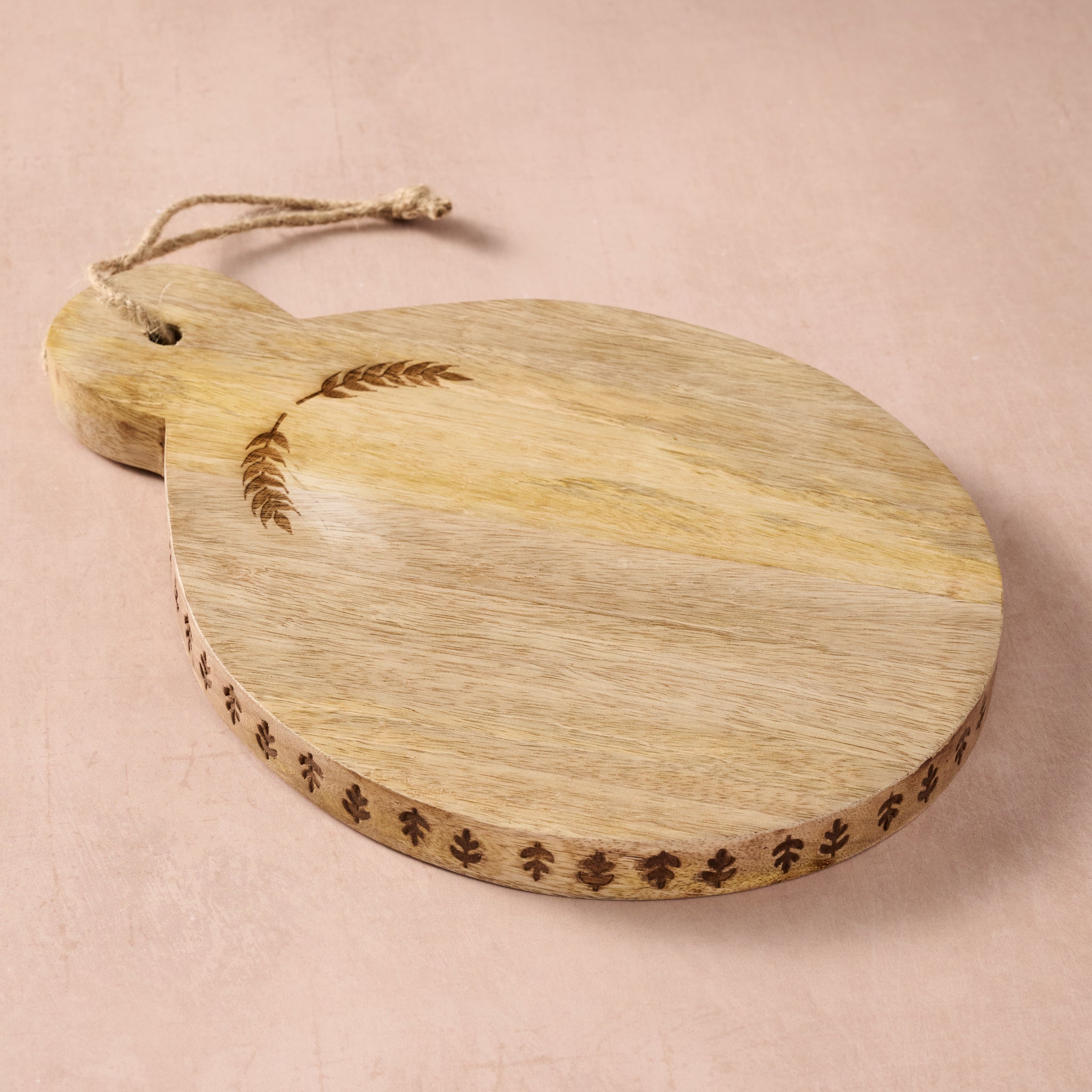 Mango Wood Serving Board with Wheat Detail | Round Wooden Display & Sharing Board