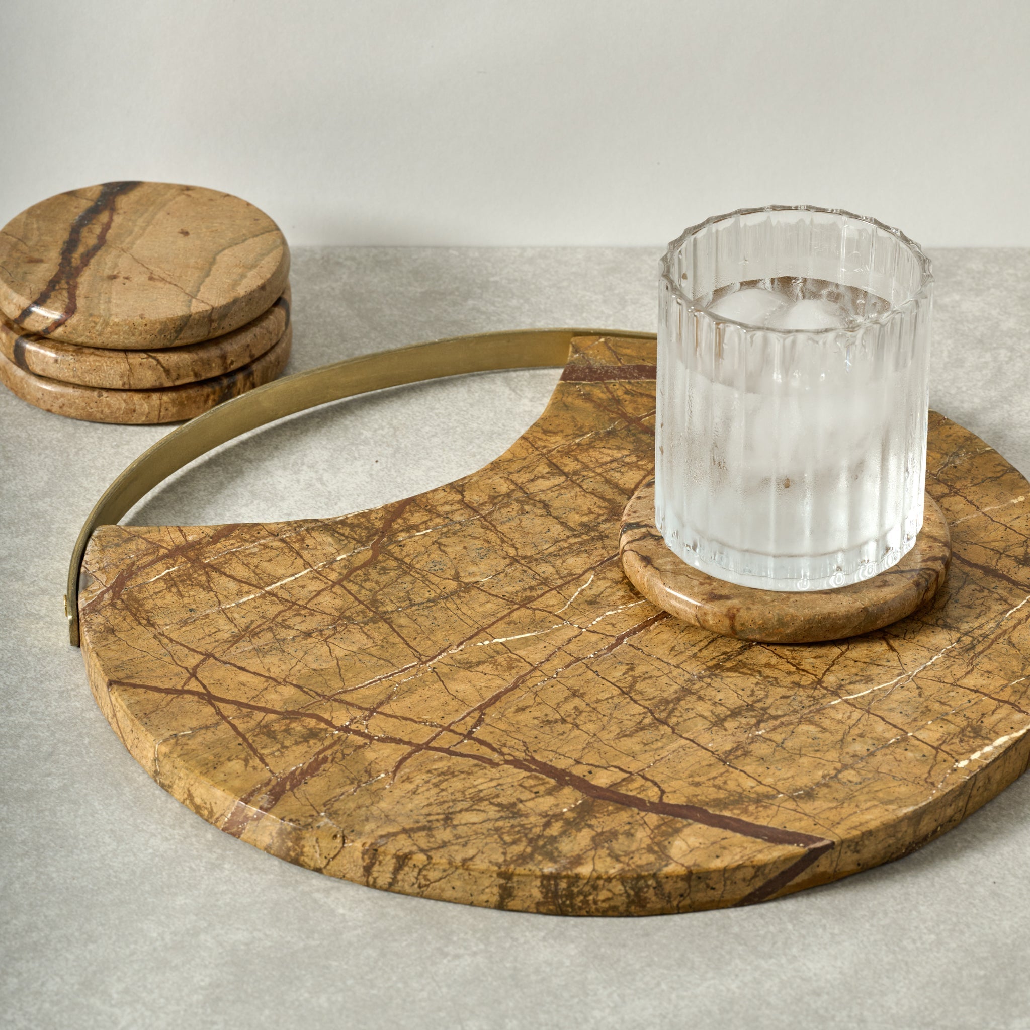 Natural Stone Round Serving Board | Stone Display Board with Metal Handle